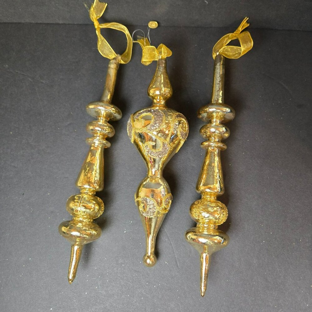 Set of 3 Frontgate Gold Mercury Glass Finial Ornament 9 Inch Glitter Scrolls